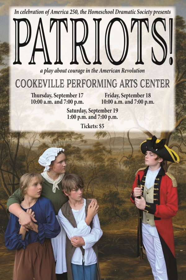 Advertisement for the 2026 HDS production of Patriots! A play set during the American Revolution